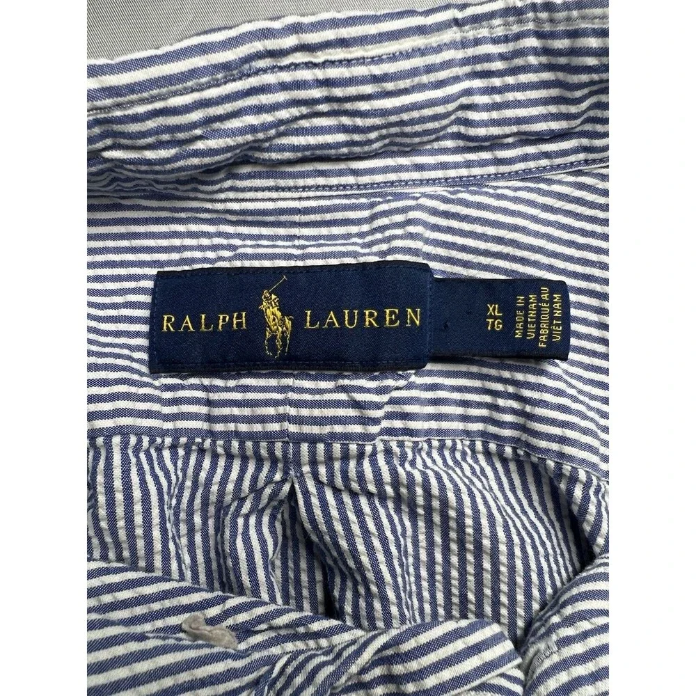 Ralph Lauren Shirt Mens XL‎ Blue White Stripe Seersucker Short Sleeve Pink Pony